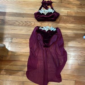 Dark maroon two piece velvet dance costume